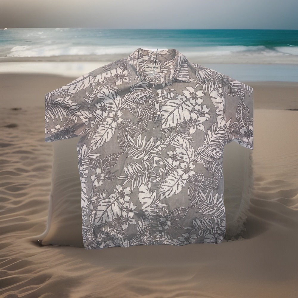 Cooke Street Hawaiian Short Sleeve Aloha Shirt Men's Large Tan White Leaves Luau